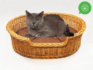 Плетене ліжко для собак та котів з ротангу, розмір 43x28x10/14 см, з подушкою 75x54x21 см (колір коричневий)