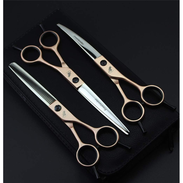 Набір професійних ножиць для грумінгу домашніх тварин (3 шт.) з нержавіючої сталі. Прямі, фінішні та зігнуті ножиці для тіла, обличчя, морди та лап.