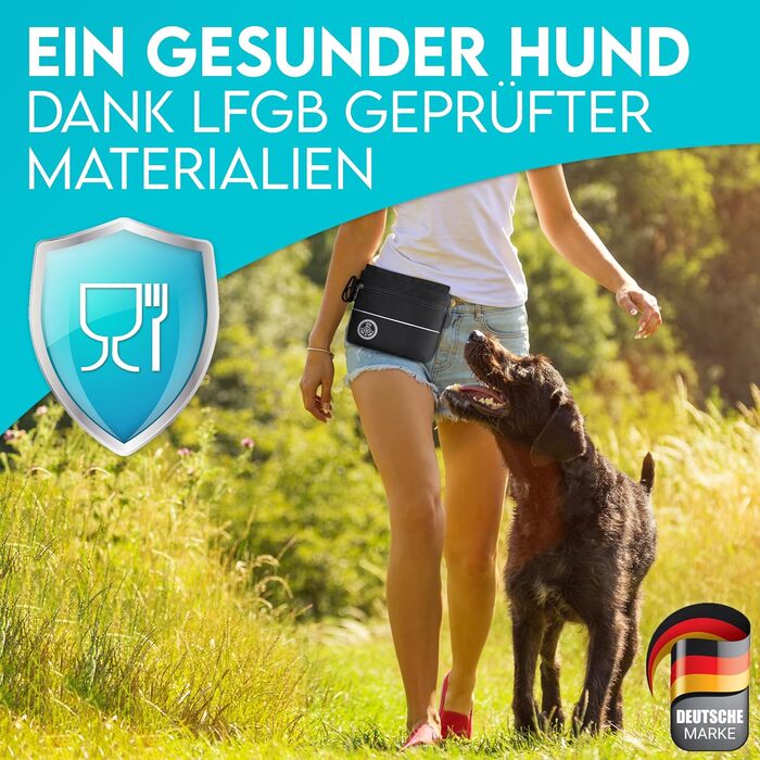 Сумка для ласощів для собак HUND IST KÖNIG з магнітною застібкою, 2 кишені на блискавці, знімна внутрішня кишеня, для прогулянок та дресирування, з eBook (Чорний [M]: 16 x 14,5 x 3,5 см)