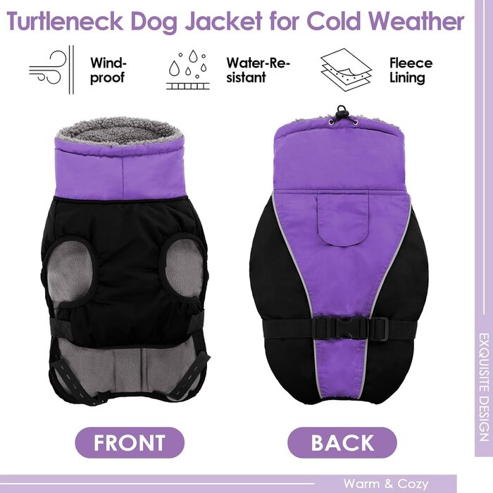 Теплий зимовий одяг для собак AOFITEE з коміром-гетром, для маленьких, середніх та великих собак (3XL, фіолетовий)