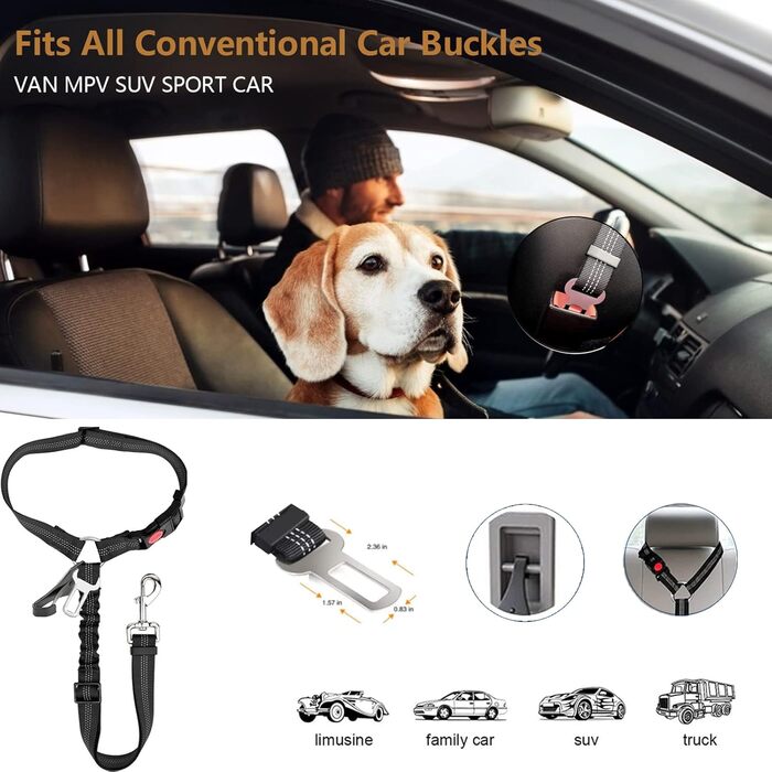 Автомобільний ремінь безпеки для собак Kelivi 3-в-1, чорний. Підходить для великих, середніх та маленьких собак. Ремінь безпеки для тварин, кріплення до підголівника, фіксація, нашийник.