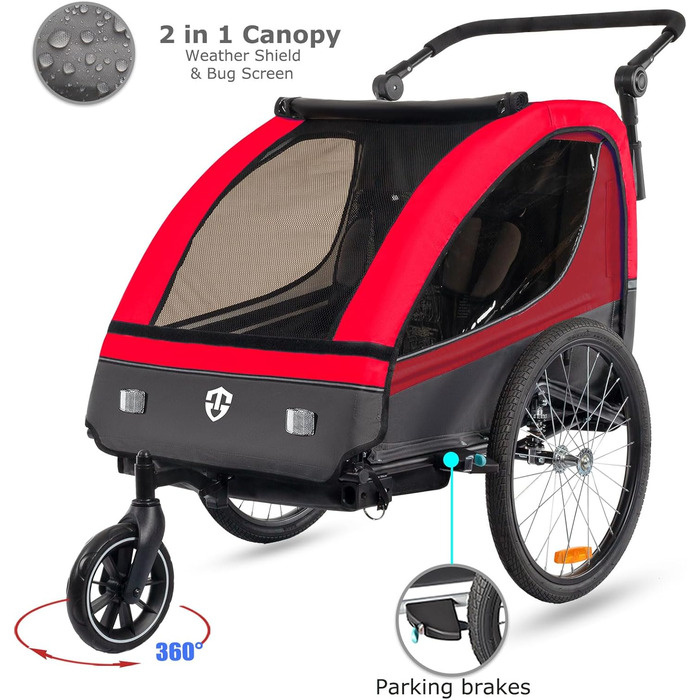 Дитячий велопричіп Tiggo VS 2в1 з амортизацією та поворотним з'єднанням 360° - для 1-2 дітей (до 40 кг), червоний