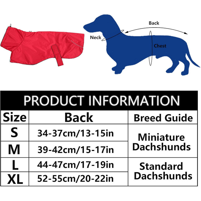 Водонепроникна зимова куртка для собак MOREZI для такс та схожих порід, з флісовою підкладкою, регульованим поясом та світловідбиваючими елементами, червона, розмір S (довжина спини 34-37 см)