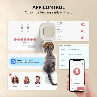 Автоматична годівниця для котів PUPPY KITTY з Wi-Fi, додатком, 2,4G, нержавіюча чаша, 10 порцій, легке очищення, запис голосу, біла