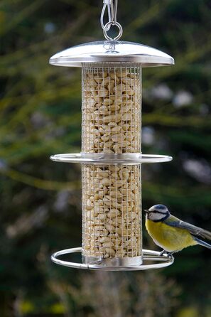 Годівниця для птахів Dobar® 10041 з нержавіючої сталі - годівниця для диких птахів, годівниця для горіхів з сіткою - сталева годівниця для саду/тераси/балкону, Ø 14 см x 26 см, срібна, 1 шт.
