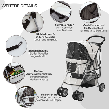 Складна коляска для собак PawHut Dog Buggy до 20 кг з дощовиком Підстаканник Сітка Window Grey 75x45x97см для прогулянок