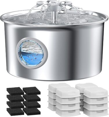 Джерело питної води для котів та собак з нержавіючої сталі: фонтанчик для води з рівнем води, дизайн у вигляді квітки, 2.6л, 8 фільтрів + 8 губок