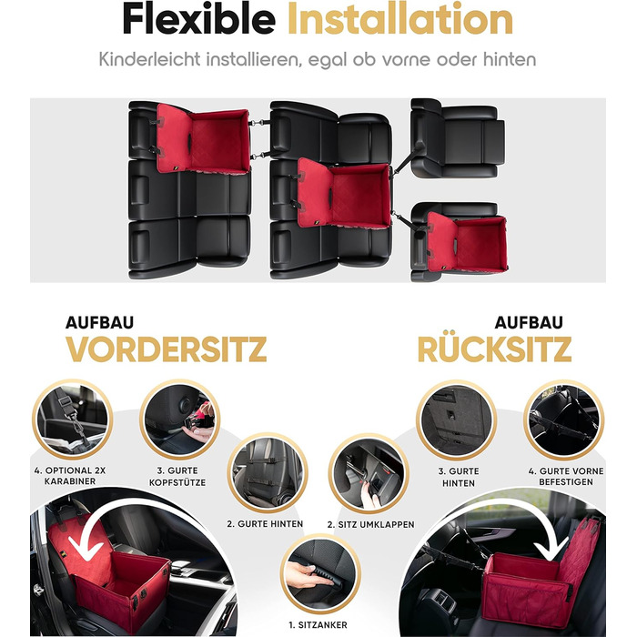 Автокрісло для собак HELDENWERK Extra Stabiler - надійне, водонепроникне, з 5 ременями, для заднього та переднього сидіння (Червоний, Стандартний розмір)