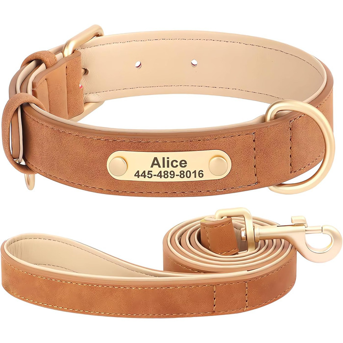 Нашийник та поводок для собак, шкіряні, персоналізовані, м'яко стьовані, міцні, з індивідуальною табличкою, регульовані (M, верблюжий, комплект M: обхват шиї 28-37 см, ширина 2 см)