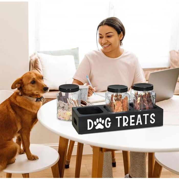 Контейнер для ласощів для собак Niciksty, дерев'яний контейнер для корму з 3 скляними банками, контейнер для корму для собак та котів, чорний