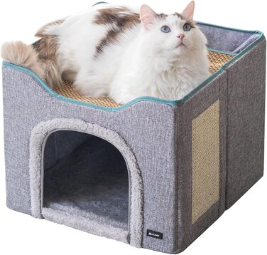MIU PET Великий складаний 2-в-1 будинок для котів для дому, оновлений котячий будинок і лежак, 2 двосторонні подушки та літній матрац, для всіх сезонів, укриття для котів із кігтеточкою