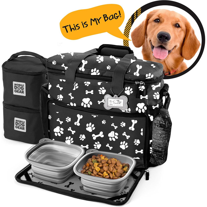Подорожня сумка для собак Mobile Dog Gear Week Away для середніх та великих собак, 2 контейнери для корму та 2 складні миски, чорно-білий принт з відбитком лап