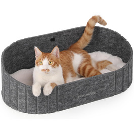 Ліжко для котів FUKUMARU, сіре овальне ліжко-диван з м'яким штучним хутром, філц, 61 см