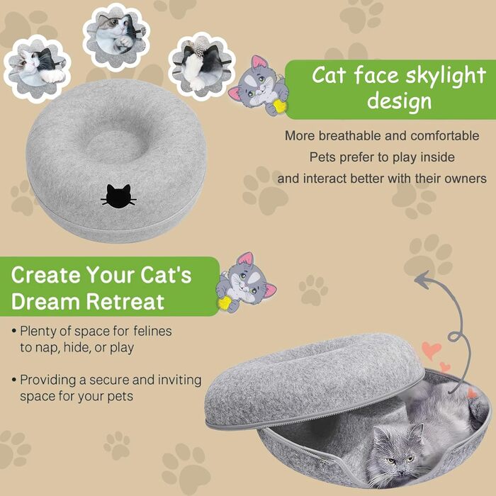 Туннель для котів KunpengZen, філц, шурхотливий, іграшка-лежанка, 50 см, для кошенят та малих тварин до 4 кг, сірий