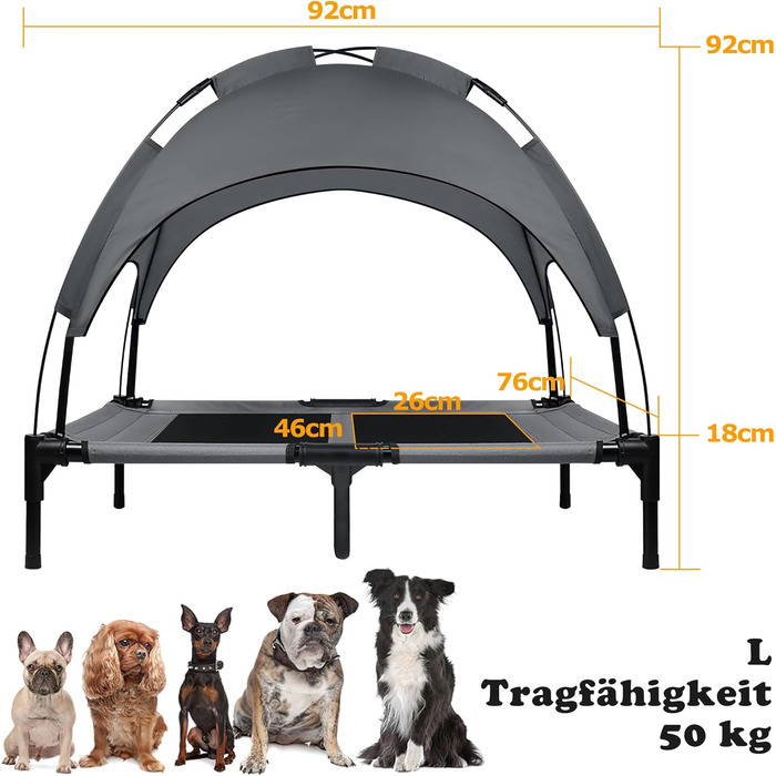 Підвищене собаче ліжко з дахом, сонцезахист, ліжко для домашніх тварин з балдахіном, лежанка для собак на вулицю, собаче софа з неслизькими підкладками, водонепроникний дах та дихаюча сітка, розмір 92x76x92 см