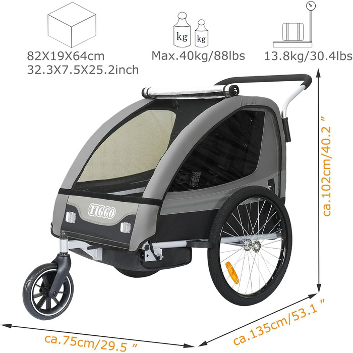 Дитячий причіп Tiggo 2-в-1 для велосипеда: причіп-велосипед, сірий, 50402