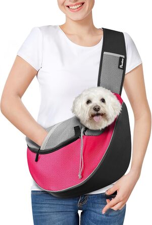 Сумка-переноска для собак Pawaboo, оновлена, з кишенею для дотику, регульована, через плече, для транспортування домашніх тварин, розмір L, рожева, для прогулянок