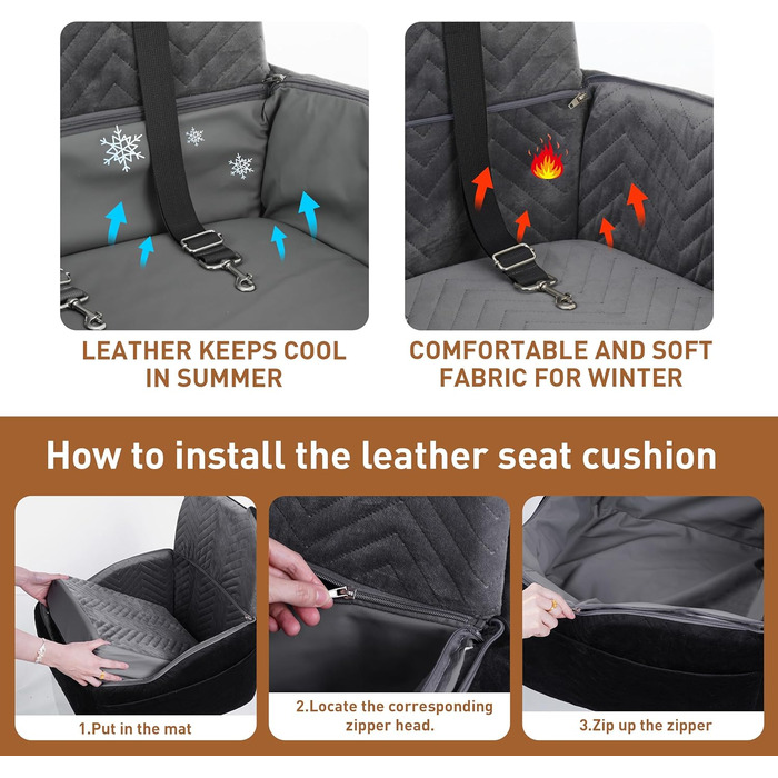 Автокрісло для собак: зручне автокрісло з меморі-піни для малих та середніх собак, з ременями безпеки, антиковзаючою основою та можливістю прання. Чорний та сірий колір.