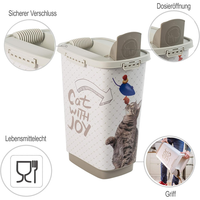 Контейнер для корму Rotho MyPet Cody 25 л з кришкою та дозатором, пластик BPA-free, антрацит/білий, з малюнком кота