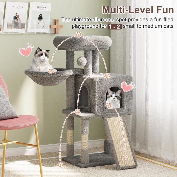 Дерев'яний кігтеточки для котів, кігтеточка-вежа, ігровий комплекс для кошенят, сірий колір, висота 98.5 см