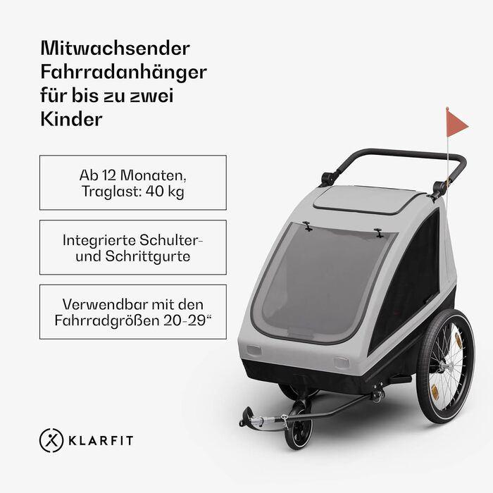 Klarfit GoKiddo: Причіп для велосипеда на 2 дітей - 2в1 (велопричіп та візок) з гальмами, ременями безпеки, регульованими сидіннями, вантажопідйомністю 40 кг, захистом від дощу та UV, складаний (світло-сірий)
