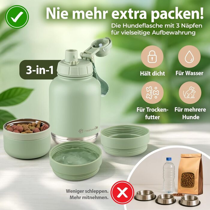 Hana Pets: Фляга для собак на 1л з мисками - ідеальна для подорожей. Ізольована фляга з нержавіючої сталі з мисками, зручна для перенесення. До комплекту входить ручка.