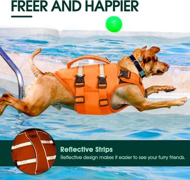 Спасальний жилет для собак Kuoser великого розміру з ручкою та світловідбиваючими елементами, регульований, посилений, для великих собак, помаранчевий (S)