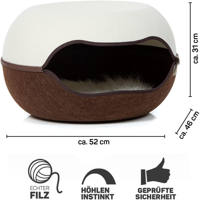 Котяче гніздо CanadianCat 2.0, лежак-ніша для котів, фетр, кремово-коричневий, 52x46x31 см