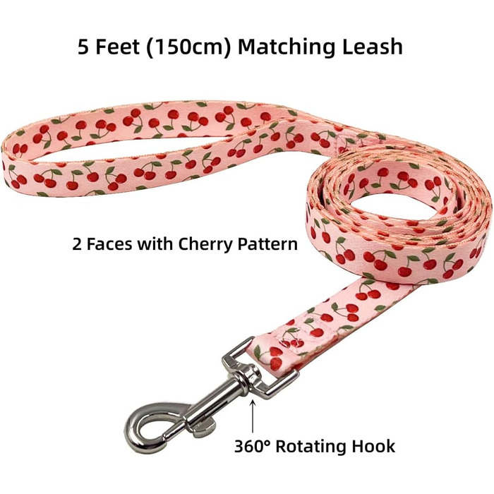 Нашийник та поводок для собак Olahibi з милим вишневим візерунком, поліестер, 1,5 м, для великих собак (L, рожева вишня) L комплект