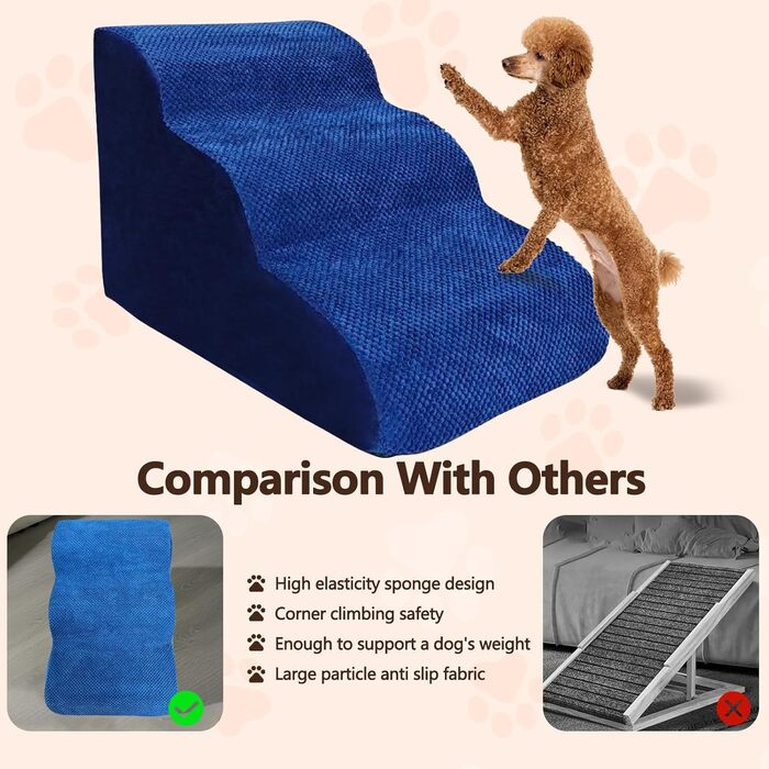 Сходинки для собак Galatée: міцні, з антиковзким покриттям, 3 сходинки для високих ліжок та диванів. Підходять для травмованих, літніх собак та котів (блакитний)