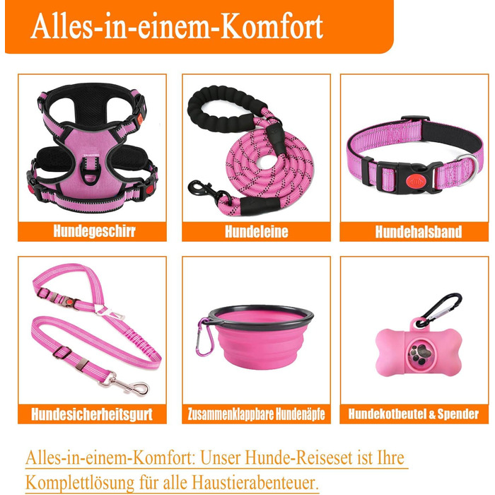 Набір шлейка для собак LOBEVE з повідком та нашийником | З авторемнем, складними мисками та диспенсером для відходів | Для собак маленьких та великих порід | Ідеально для прогулянок, тренувань та подорожей, рожевий