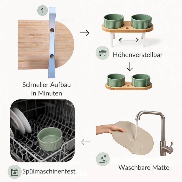 Миска для собак BELMIN, піднята - миска для води та їжі для собак, піднята годівниця для великих собак та котів, 2 регульовані висоти, миска з кераміки з бамбуковим підставкою, неслизький килимок