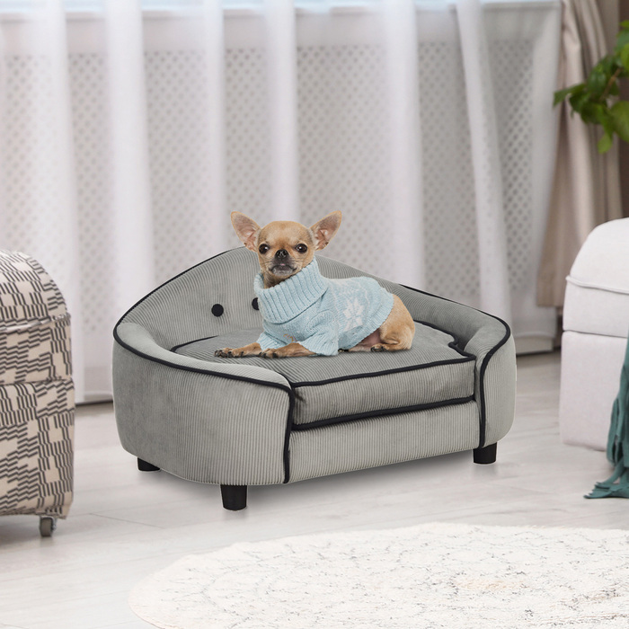 PawHut Dog Sofa Затишна лежанка для собаки з натурального дерева та плюшу для маленьких собак та кішок 66,5 х 45 х 35,5 см сірий