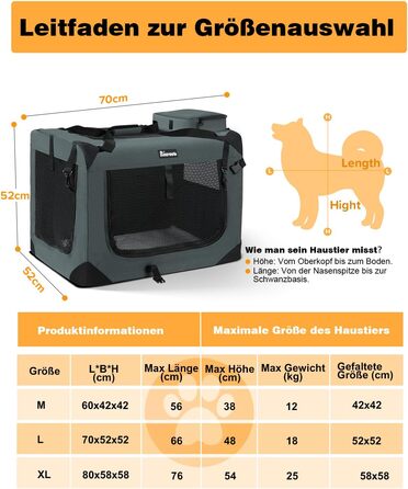 Складаний контейнер для транспортування тварин Reerooh L 70x52x52 см, сірий, з мискою, переноска для собак і котів, дорожня сумка для авто