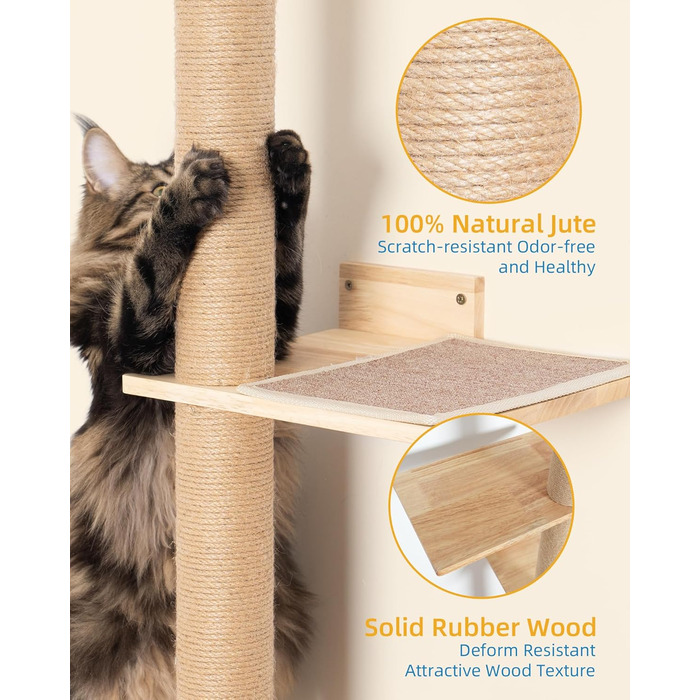 Багатоярусна кігтеточка-стінка для котів з 5 сходами, 5-ярусні полиці для відпочинку та ігри, з міцними кігтеточковими стовпчиками, з антиковзними килимками, для великих котів