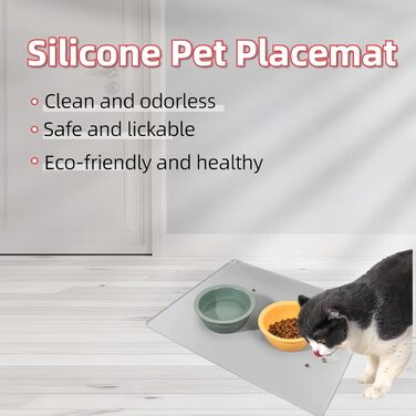 Силіконова килимок для годування домашніх тварин, 50,8 x 40,6 см, вологостійкий, для собак та котів, з антиковзаючою основою, з бортиками, легко миється, сірий