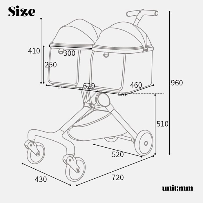 Візок для собак та котів на 2 тварин, знімний багажник, складний, 4 колеса, для подорожей та кемпінгу