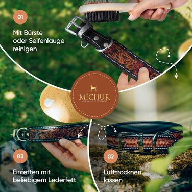 Нашийник для собак MICHUR Flora: шкіряний, з червоним квітковим візерунком, чорний/червоний/коричневий, розміри 51-58,5 см