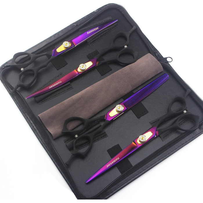 Набір професійних ножиць для грумінгу JIESENYU: 7 дюймів, ножиці для шерсті, вигнуті ножиці, ножиці для фінальної обробки (4 шт.) для собак, фіолетовий