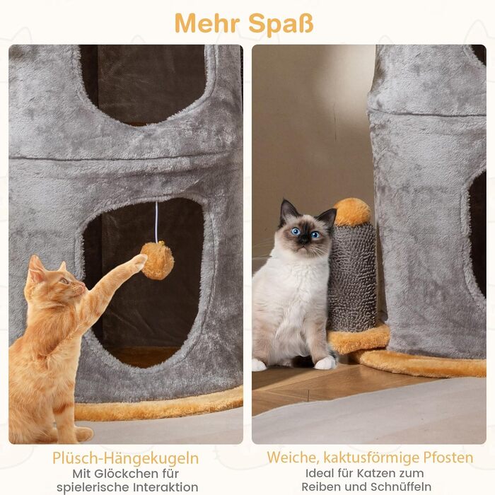 Кігтеточка-будка COSTWAY для котів з 2 будиночками, м'ячка та стійкою, сірого кольору, Ø48 x 83 см