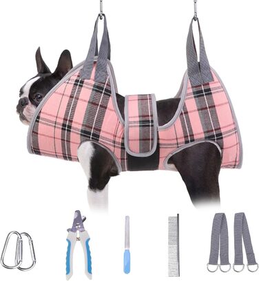 Гамак для грумінгу собак BeautyZoo з регульованою шлейкою та сталевим гребінцем, фіксатор для догляду за тваринами для підстригання нігтів та стрижки, ідеальний гамак для собак для безпечного та безстресового догляду XS (відстань між ногами: 1.8-2.4 м / М