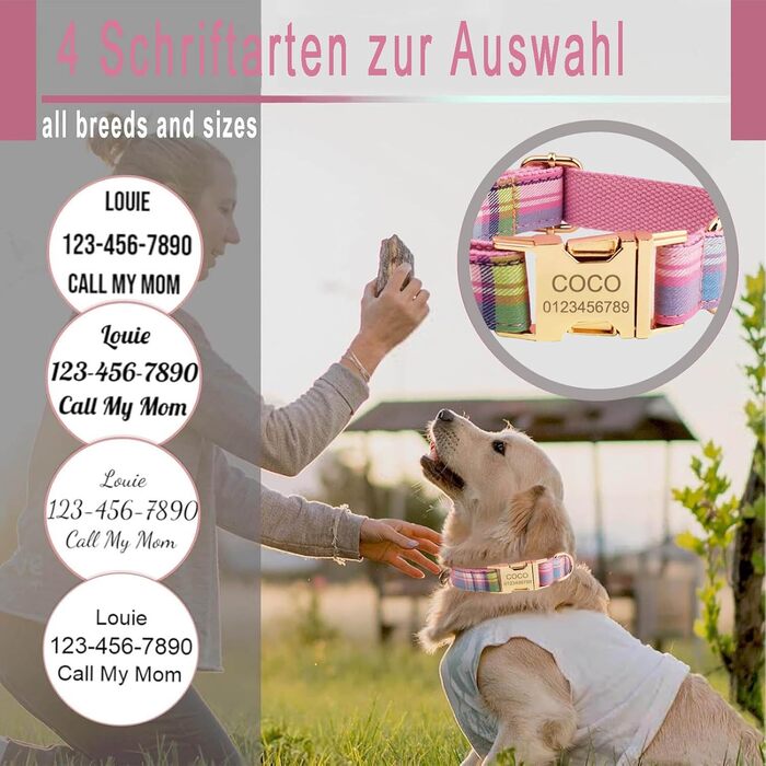 Персоналізоване собаче ошийник з металевою застібкою, двостороннє оксамитове ошийник з іменем та номером телефону, регульовані розміри для малих, середніх та великих собак (тартан)