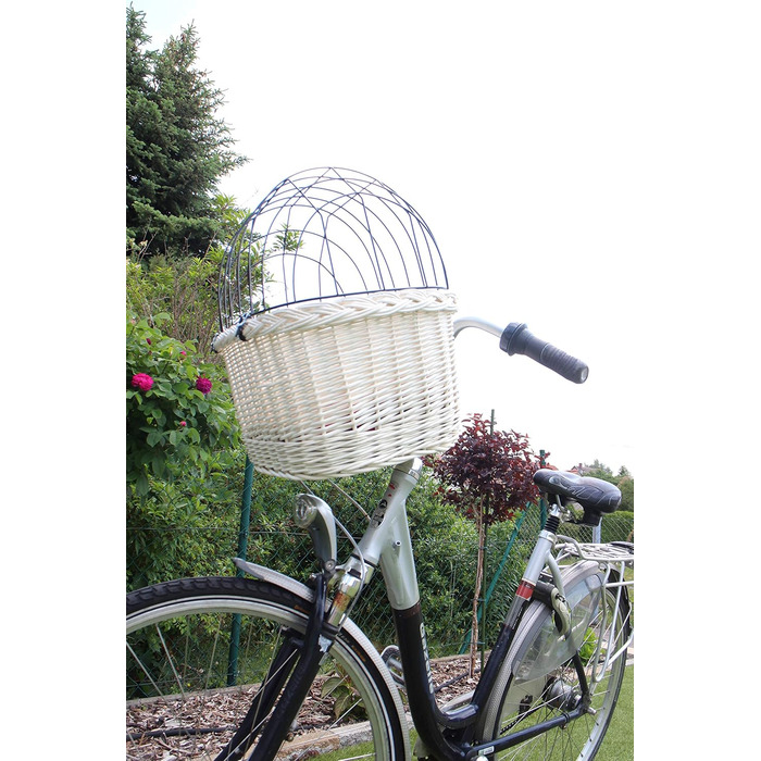 Корзина для собак на велосипедний кермо з ротангу з металевою сіткою та подушкою, білий ротанговий кошик для собак (з подушкою)