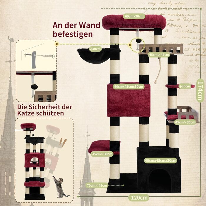 Котячий будиночок Kratzbaum: великий, з гамаком, 2 печери, 15 стовпчиків для дряпання (174см, чорний та червоний)