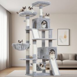 Комплекс для котів Kratzbaum 180 см: Дряпка-стовпчик з платформами, будиночками та іграшками, колір світло-сірий