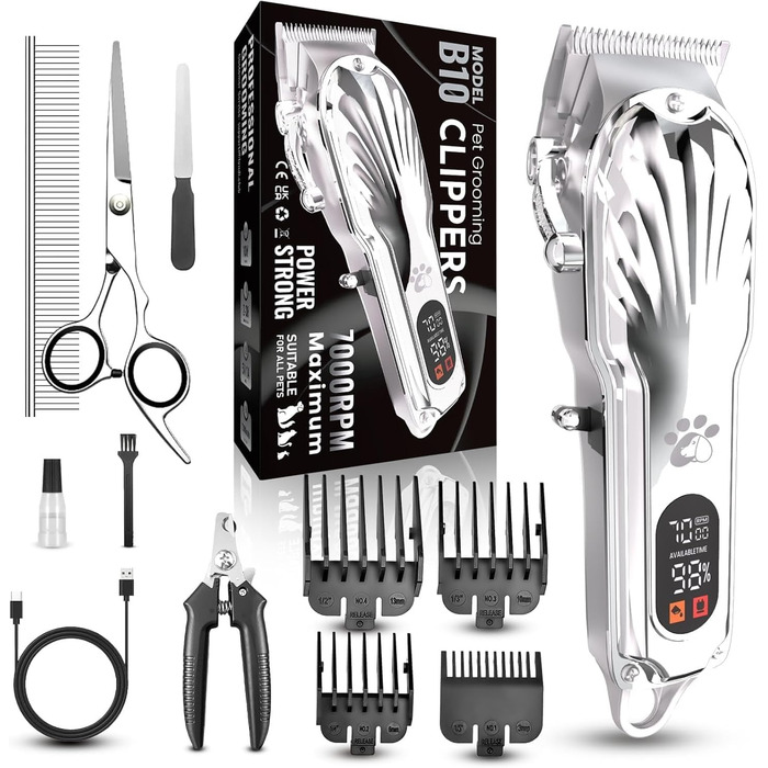 Професійна машинка для стрижки собак з товстим хутром, бездротова з LED-дисплеєм, тиха, акумуляторна, триммер для собак з набором для догляду за кігтями (срібна)