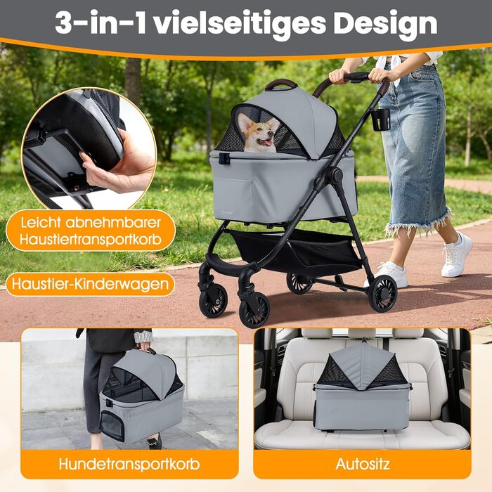 Візок для собак COSTWAY 3 в 1: візок-будка, візок для тварин з регульованим дахом, кошиком та тримачем для напоїв, для собак та котів до 15 кг, металевий (сірий)