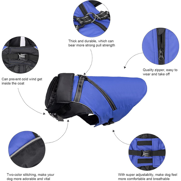 Водонепроникний зимовий одяг для собак, тепла куртка з отвором для повідка, великий розмір 4XL, блакитний колір