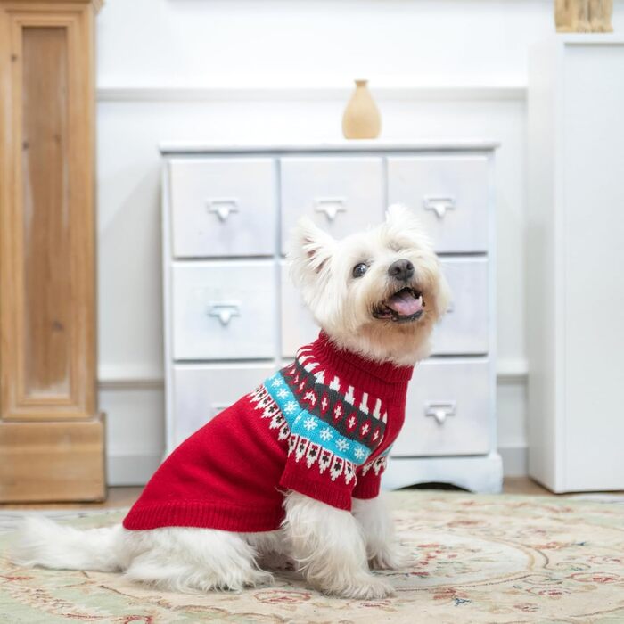 Пуловер для собак EXPAWLORER Fair Isle з візерунком Fair Isle - стильний светр, кофта для цуценят, маленьких, середніх та великих собак, з високим коміром, червоного кольору, розмір M
