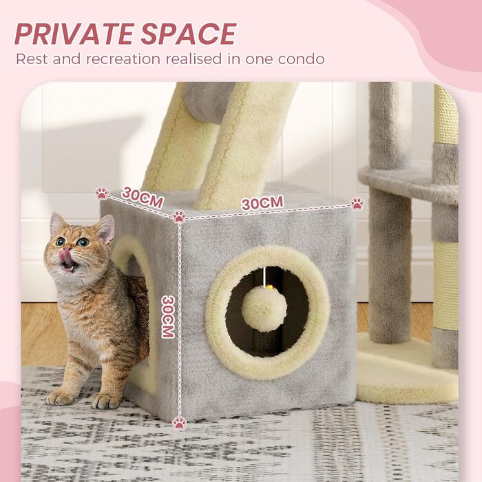 Клітка-когтеточка для котів Dogat 107 см, багатоярусна з когтеточкою, лежаком, будиночком та ігровим м'ячиком (сіра/бежева)